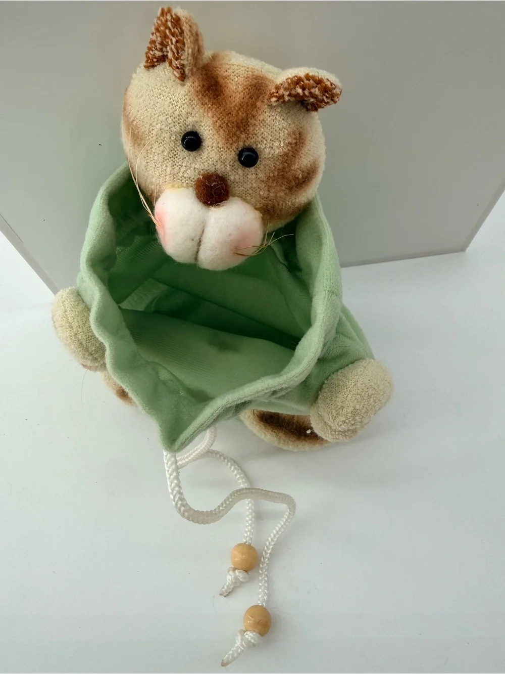 Plush Cat Toy in Sage Green Drawstring Outfit